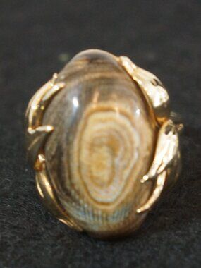 Vintage 14K Gold Banded Agate Leaf Cocktail Ring Custom Monogram J.A. Size 7